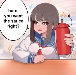 Rule 34 | 1girl, absurdres, blue sailor collar, blush, brown eyes, brown hair, clenched hand, english text, giving, highres, indoors, ketchup, ketchup bottle, long hair, long sleeves, neckerchief, open mouth, original, red neckerchief, sailor collar, sidelocks, solo, speech bubble, yanafian