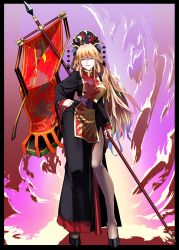 Rule 34 | 1girl, absurdres, banner, black border, black dress, black footwear, blonde hair, border, commentary, contrapposto, crescent, dress, fiery background, fire, full body, hand on own hip, hat, hat bobbles, hat ornament, highres, junko (touhou), kikoka (mizuumi), long hair, looking at viewer, outside border, pelvic curtain, red eyes, sash, shoes, side slit, solo, standard bearer, standing, tabard, tassel, touhou, very long hair, wide sleeves