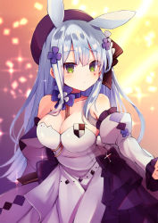 Rule 34 | 1girl, :/, animal ears, backlighting, bare shoulders, beret, between breasts, black bow, black hat, blue choker, blurry, blurry background, blush, bow, breasts, choker, cleavage, closed mouth, collarbone, commentary request, depth of field, detached sleeves, dress, earrings, ebihara beniko, frilled sleeves, frills, girls&#039; frontline, green eyes, hair ornament, hat, highres, hk416 (girls&#039; frontline), hk416 (herbal-flavored hard candy) (girls&#039; frontline), jewelry, kemonomimi mode, large breasts, long sleeves, looking at viewer, official alternate costume, rabbit ears, solo, sparkle, strapless, strapless dress, white dress