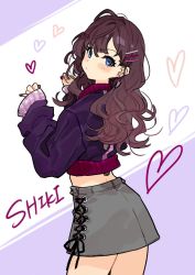 Rule 34 | 1girl, ahoge, back, bad id, bad twitter id, blue eyes, blush, brown hair, character name, closed mouth, cross-laced clothes, earrings, grey skirt, hair between eyes, hair ornament, hairclip, hands up, head tilt, heart, highres, ichinose shiki, idolmaster, idolmaster cinderella girls, jacket, jewelry, long hair, long sleeves, looking at viewer, looking back, midriff, nail polish, purple background, purple jacket, purple nails, skirt, solo, thighs, two-tone background, very long hair, wavy hair, white background, yuu (higashi no penguin)