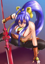 Rule 34 | 1girl, antenna hair, backless outfit, bare shoulders, black pants, blazblue, blazblue: central fiction, blue hair, boots, bow, breasts, cameltoe, fingerless gloves, genderswap, genderswap (mtf), gloves, hair between eyes, hair bow, halterneck, high heel boots, high heels, highres, hip vent, holding, holding polearm, holding spear, holding weapon, large breasts, long hair, lowleg, lowleg pants, mai natsume, midriff, navel, no bra, no panties, open mouth, outseal, pants, polearm, ponytail, purple eyes, revealing clothes, ribbon, sideboob, sidelocks, skin tight, smile, solo, spear, spread legs, squatting, thighs, very long hair, weapon, yellow bow, yoshimura tatsumaki
