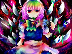 Rule 34 | 1girl, bad id, bad pixiv id, braid, colorful, embodiment of scarlet devil, female focus, izayoi sakuya, kazu (muchuukai), knife, looking at viewer, maid, red eyes, solo, throwing knife, touhou, twin braids, weapon