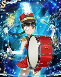 Rule 34 | 1girl, band uniform, bass drum, black hair, drum, elbow gloves, epaulettes, eyepatch, gloves, hat, instrument, long hair, marching band, musical note, quaver, sakamoto mio, shako cap, smile, solo, staff (music), strike witches, swimsuit, swimsuit under clothes, uniform, world witches series, yellow eyes