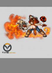Rule 34 | 1girl, alternate costume, bent over, blonde hair, breasts, brown gloves, brown hair, chinese clothes, clenched teeth, fire, fire, floating hair, fur trim, gloves, goggles, hair ornament, hairpin, highres, holding, holding weapon, large breasts, mei (overwatch), multicolored hair, overwatch, overwatch 1, patterned, patterned background, red eyes, robot, snowball (overwatch), streaked hair, teeth, torn, torn clothes, weapon, zm