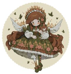 Rule 34 | 1girl, angel wings, asymmetrical legwear, blunt bangs, blush, blush stickers, bow, bowtie, braid, brown bow, brown hair, bug, butterfly, castle, center frills, chibi, circle, closed mouth, commentary, commission, doll, dress, dress bow, dress flower, english commentary, eyelashes, feathered wings, floral print, flower, flower brooch, flower button, footwear bow, footwear flower, frilled dress, frilled hairband, frilled socks, frills, green bow, green bowtie, green dress, green eyes, green footwear, green hairband, green pantyhose, hair bow, hair flower, hair ornament, hairband, hand on lap, highres, holding, holding doll, insect, kneehighs, layered sleeves, light frown, littlebluemuffin, long hair, long sleeves, looking at viewer, mary janes, medium dress, multiple hair bows, original, pantyhose, pink flower, pink rose, puffy long sleeves, puffy sleeves, rose, shirt, shoes, short over long sleeves, short sleeves, single braid, single kneehigh, single leg pantyhose, single sock, socks, sparkle, thick eyebrows, very long hair, wavy hair, white background, white shirt, white socks, white wings, wings
