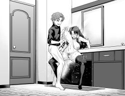 Rule 34 | 1boy, 1girl, absurdres, after fingering, ankoman, ass, bar censor, breasts, censored, clothes, erection, fate/grand order, fate (series), female pubic hair, grabbing, grabbing another&#039;s breast, highres, large breasts, large penis, long hair, matou shinji, monochrome, open clothes, open mouth, penis, pubic hair, pussy juice, sex, sex from behind, short hair, testicles, thighhighs, tohsaka rin, veins, veiny penis