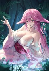 Rule 34 | 1girl, absurdres, alternate costume, animal ears, bare shoulders, belt, blurry, blush, breasts, collarbone, earrings, fingernails, floral print, flower, forest, fox ears, fox shadow puppet, genshin impact, grass, hair between eyes, hand up, highres, japanese clothes, jewelry, kimono, large breasts, leaf, long fingernails, long hair, long sleeves, looking at viewer, nail polish, nature, off shoulder, open mouth, outdoors, pink belt, pink hair, pink kimono, pink nails, purple eyes, river, sidelocks, sitting, slime nyang, smile, solo, tree, water, wet, white flower, wide sleeves, yae miko