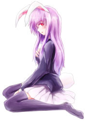 Rule 34 | 1girl, animal ears, bad id, bad pixiv id, black thighhighs, blush, breasts, hand on breast, hanging breasts, highres, light purple hair, long hair, looking at viewer, rabbit ears, rabbit girl, rabbit tail, red eyes, reisen udongein inaba, simple background, sitting, solo, tail, thighhighs, touhou, wariza, white background
