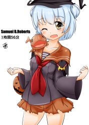 Rule 34 | 1girl, adapted costume, character name, collarbone, halloween, hat, kantai collection, looking at viewer, one eye closed, open mouth, pumpkin, samuel b. roberts (kancolle), short hair, simple background, solo, thighs, tsukino murakumo, white background, witch hat, yellow eyes