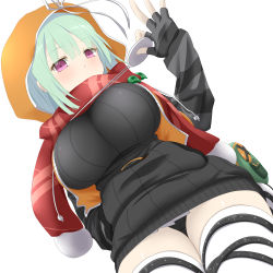 Rule 34 | 10s, 1girl, absurdres, black gloves, breasts, commentary request, dutch angle, fingerless gloves, gloves, green hair, highres, hood, hoodie, large breasts, looking at viewer, magatama, naraku (senran kagura), purple eyes, revision, ribbed sweater, scarf, senran kagura, simple background, solo, sweater, thick thighs, thighhighs, thighs, watarui, white background, white thighhighs