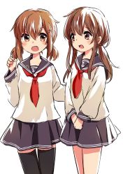 Rule 34 | 10s, 2girls, alternate hairstyle, anchor symbol, black legwear, blush, brown eyes, brown hair, fang, hair ornament, hairclip, highres, ikazuchi (kancolle), inazuma (kancolle), kantai collection, long hair, long sleeves, low twintails, moca blanc, multiple girls, open mouth, pleated skirt, school uniform, serafuku, short hair, simple background, skirt, thighhighs, twintails, v arms, white background