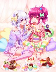 Rule 34 | 2girls, ahoge, bare shoulders, barefoot, bed sheet, bow, breasts, cake, cleavage, collarbone, cupcake, cushion, demon girl, demon tail, demon wings, dessert, doughnut, feeding, feet, food, food on face, fork, frilled legwear, fruit, full body, green bow, hair bow, hair ornament, hand up, hands up, hizuki akira, horns, indoors, knees together feet apart, leg warmers, licking lips, light purple hair, long sleeves, macaron, maroon eyes, maroon hair, matching hair/eyes, multiple girls, nail polish, no shoes, off shoulder, open mouth, original, pajamas, pointy ears, ponytail, purple eyes, purple legwear, rainbow legwear, rainbow shorts, short hair with long locks, shorts, sitting, small breasts, spaghetti strap, sprinkles, strap slip, strawberry, strawberry shortcake, striped legwear, tail, thighhighs, toeless legwear, toes, tongue, tongue out, wariza, wings, yellow bow, zettai ryouiki