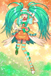 Rule 34 | 10s, 1girl, alternate universe, biburi (precure), choker, commentary, commentary request, dress, earrings, gloves, green hair, green shirt, hand on own hip, hat, highres, jewelry, kirakira precure a la mode, leaf earrings, long hair, magical girl, one eye closed, open mouth, orange eyes, orange skirt, precure, pumpkin hat, pumpkin pants, salute, shirt, skirt, smile, solo, star (symbol), striped clothes, striped thighhighs, supurai, thighhighs, twintails, two-finger salute, white gloves