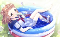 Rule 34 | 1girl, bad id, bad pixiv id, barefoot, brown eyes, brown hair, bubble, blowing bubbles, double bun, feet, hair bun, highres, legs, lying, on back, one-piece swimsuit, original, partially submerged, sailor collar, school uniform, serafuku, short hair, short sleeves, solo, swimsuit, thighs, toes, wading pool, water, white one-piece swimsuit, xenon (simlacurm)