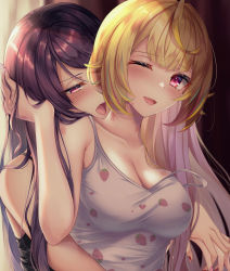 Rule 34 | 2girls, absurdres, bare arms, bare shoulders, black tank top, blonde hair, blush, breasts, cleavage, collarbone, food print, gundou mirei, hand on another&#039;s head, hickey, highres, holding hands, hoshikawa sara, looking at another, medium breasts, multiple girls, nail polish, nijisanji, one eye closed, open mouth, purple eyes, purple hair, rai (newtype xm-x1), red nails, smile, strawberry print, tank top, upper body, virtual youtuber, yuri