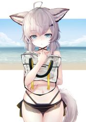 Rule 34 | 1girl, :&lt;, ahoge, animal ear fluff, animal ears, arknights, bag, bikini, bikini bottom only, black bikini, blue eyes, blue sky, breasts, closed mouth, cloud, collarbone, commentary request, cowboy shot, day, eorx, grey hair, hand up, holding, holding bag, horizon, looking at viewer, low twintails, navel, ocean, sidelocks, sky, small breasts, solo, standing, sussurro (arknights), swimsuit, tail, thigh gap, topless, transparent, twintails, water
