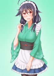 Rule 34 | 1girl, ahoge, anti (untea9), apron, black hair, blue skirt, breasts, embarrassed, frilled apron, frills, gradient background, green background, green kimono, hair between eyes, hair flaps, hairband, highres, japanese clothes, kantai collection, kimono, large breasts, long sleeves, looking at viewer, low twintails, maid, maid apron, maid headdress, obi, open mouth, red eyes, ryuuhou (kancolle), ryuuhou kai ni (kancolle), sash, skirt, solo, taigei (kancolle), twintails, wa maid, white apron, wide sleeves