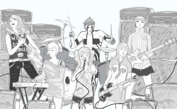 Rule 34 | 1boy, 5girls, aegis (persona), amano maya, android, atlus, band, character request, copyright request, crossover, cymbals, drum, electric guitar, closed eyes, eyewear on head, grey theme, greyscale, guitar, demi-fiend, instrument, keyboard, keyboard (instrument), kirijou mitsuru, kujikawa rise, kuma (persona 4), looking at viewer, microphone, monochrome, multiple girls, one eye closed, open mouth, persona, persona 2, persona 3, persona 4, pointing, satonaka chie, shin megami tensei, shin megami tensei iii: nocturne, short hair, standing, topless, we.are.the.armada, wink