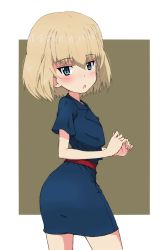 Rule 34 | 1girl, belt, blonde hair, blue dress, blue eyes, blush, bob cut, brown background, casual, collared dress, commentary, cowboy shot, dress, from side, frown, girls und panzer, katyusha (girls und panzer), kayabakoro, looking at viewer, looking back, open mouth, outside border, pencil dress, red belt, short dress, short hair, short sleeves, solo, standing