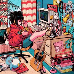 Rule 34 | 1980s, 1990s, 1girl, album cover, bedroom, black eyes, black hair, blue shorts, blunt bangs, book, book stack, bookshelf, boombox, box, cable, can, cardboard box, chair, company name, computer, controller, cover, crisalys, crossed ankles, crt, curtains, day, desk, desk lamp, diskette (object), double bun, drink can, earbuds, earphones, electric guitar, feet on table, fender telecaster, figure, floppy disk, fox mask, from side, full body, game console, game controller, guitar, hair bun, halftone, halftone texture, highres, hood, hood down, hoodie, indoors, instrument, keyboard (computer), lamp, legs together, legs up, long sleeves, looking away, magazine (object), mask, monitor, nec corporation, nike (company), office chair, original, outstretched legs, pc-98 (computer), pc98, pc engine, plant, poster (object), red hoodie, rug, screentones, shoes, short hair, shorts, single earphone removed, sitting, sneakers, soda can, sticky note, striped curtains, stuffed animal, stuffed bird, stuffed penguin, stuffed toy, swivel chair, translated, unworn mask, walkman, window, wooden floor