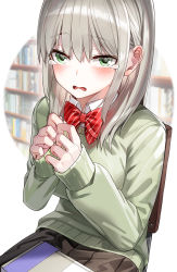 Rule 34 | 1girl, blush, bow, bowtie, green eyes, grey hair, highres, kfr, looking at viewer, original, red bow, red bowtie, shirt, short hair, sitting, solo, sweater, tears, white shirt