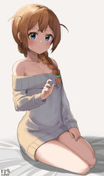 Rule 34 | 1girl, artist name, baba konomi, backlighting, bare shoulders, bed sheet, blue eyes, blush, braid, breasts, brown hair, closed mouth, collarbone, commentary, crossed bangs, dated, full body, grey background, grey sweater, hair flaps, hair over shoulder, hair tie, hand on own thigh, hand up, highres, idolmaster, idolmaster million live!, long hair, long sleeves, looking at viewer, myeolchi, off-shoulder sweater, off shoulder, simple background, single braid, sitting, small breasts, smile, solo, sweater, yokozuwari