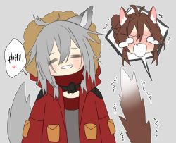 Rule 34 | = =, ahoge, animal ear fluff, animal ears, arknights, blank eyes, blush, blush stickers, braid, brown hair, cat ears, cat tail, chibi, coat, crown braid, deathalice, doctor (arknights), english text, closed eyes, female doctor (arknights), fur-trimmed hood, fur trim, fur trimm, gas mask, grey background, grey hair, hair between eyes, happy, hood, hooded coat, long hair, looking at viewer, mask, mask around neck, projekt red (arknights), red coat, shouting, simple background, speech bubble, spoken expression, tail, tail raised, tears, trembling, upper body, wolf ears, wolf tail, yuri