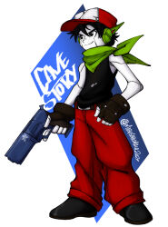 Rule 34 | 1boy, android, bare arms, black hair, black shirt, boots, brown gloves, cap, collar, doukutsu monogatari, fingerless gloves, gloves, green scarf, gun, handgun, hat, holding, holding gun, holding weapon, joints, loose clothes, loose shirt, male focus, marusaru maia, neckerchief, pale skin, pants, pistol, quote (doukutsu monogatari), red pants, robot, robot ears, robot joints, scarf, shirt, smirk, solo, tank top, weapon