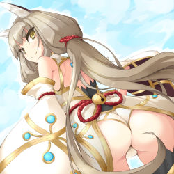 Rule 34 | 1girl, animal ears, ass, ass focus, back, bare shoulders, blue sky, blunt bangs, cat ears, from behind, kuro (be ok), leotard, long hair, looking at viewer, looking back, nia (blade) (xenoblade), nia (xenoblade), nintendo, niyah, outdoors, ribbon, silver hair, sky, smile, solo, spoilers, thighhighs, thighs, twintails, very long hair, xenoblade chronicles (series), xenoblade chronicles 2, yellow eyes