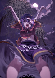 Rule 34 | 1girl, arms up, beret, blue eyes, blue hair, blurry, breasts, cloud, depth of field, female focus, fingernails, foreshortening, from below, full moon, graveyard, hat, highres, ibuki notsu, jiangshi, long image, looking at viewer, matching hair/eyes, miyako yoshika, moon, nail polish, navel, night, night sky, ofuda, open mouth, outdoors, outstretched arms, red nails, red shirt, saliva, sash, shirt, short hair, short sleeves, skirt, sky, solo, standing, tall image, teeth, tombstone, tongue, tongue out, touhou, tree, underboob, upshirt, upskirt, wide sleeves, zombie pose