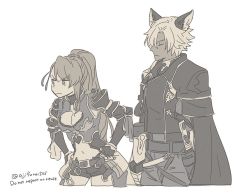 Rule 34 | 1boy, 1girl, animal ears, armor, asaya minoru, breasts, cleavage, cleavage cutout, closed eyes, closed mouth, clothing cutout, copyright request, cowboy shot, cropped legs, dark-skinned female, dark skin, english text, fingerless gloves, gloves, hands on own hips, jacket, long hair, looking away, medium breasts, navel, pants, pauldrons, ponytail, shirt, short shorts, shorts, shoulder armor, simple background, twitter username, v-shaped eyebrows, very long hair, watermark, white background