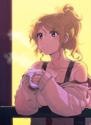 Rule 34 | 1girl, aquila (kancolle), blush, breasts, cleavage, collarbone, cup, dongsa wonhyong, ear piercing, hair ornament, hairclip, high ponytail, highres, holding, holding cup, jacket, kantai collection, long hair, long sleeves, medium breasts, open mouth, orange hair, piercing, solo, white jacket, yellow eyes