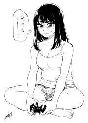 Rule 34 | 1girl, absurdres, bad id, bad pixiv id, bare legs, bare shoulders, barefoot, blush, breasts, camisole, cleavage, controller, fingernails, full body, game controller, glasses, greyscale, highres, holding, holding controller, indian style, looking at viewer, medium breasts, medium hair, monochrome, nikaidou kou, original, parted lips, short shorts, shorts, signature, simple background, sitting, solo, sweatdrop, thought bubble, toenails, translation request, white background