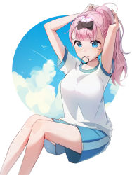 Rule 34 | 1girl, absurdres, adjusting hair, alternate hairstyle, arms up, bare arms, bird, black bow, blue eyes, blue shorts, blue skirt, blue sky, blunt bangs, bow, breasts, closed mouth, cloud, collarbone, commentary request, feet out of frame, fujiwara chika, garglin, hair bow, hair tie, hair tie in mouth, highres, invisible chair, kaguya-sama wa kokurasetai ~tensai-tachi no renai zunousen~, large breasts, long hair, looking at viewer, mouth hold, pink hair, ponytail, shirt, short sleeves, shorts, sitting, skirt, sky, solo, striped, tying hair, vertical stripes, white background, white shirt