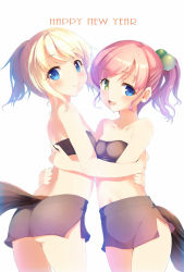 Rule 34 | 2girls, :d, ass, back, bandeau, bare back, bare legs, bare shoulders, black skirt, blonde hair, blue eyes, blush, breasts, cleavage, collarbone, cornet mariveninne (komone ushio), esia mariveninne (komone ushio), female focus, green eyes, hair bobbles, hair ornament, happy, happy new year, heterochromia, horse tail, hug, komone ushio, legs, looking at another, looking at viewer, midriff, multiple girls, navel, new year, open mouth, original, pink hair, ponytail, short hair, siblings, side slit, simple background, sisters, skirt, small breasts, smile, standing, strapless, tail, tube top, white background, yellow eyes, yuri