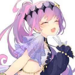 Rule 34 | 1girl, blush, breasts, closed eyes, commentary, crop top, diamond hairband, ear piercing, facing viewer, fang, frilled sleeves, frills, from side, gloves, happy, highres, hololive, long hair, multicolored hair, nekonika (e102k), official alternate costume, official alternate hairstyle, open mouth, piercing, pink hair, ponytail, purple hair, see-through, see-through sleeves, simple background, sleeves past wrists, small breasts, smile, solo, tokoyami towa, tokoyami towa (break your xxx), two-tone hair, upper body, v, virtual youtuber, white background, white gloves