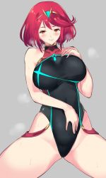 Rule 34 | 1girl, blush, breasts, competition swimsuit, covered navel, earrings, fingerless gloves, gloves, headpiece, highres, jewelry, large breasts, looking at viewer, negresco, nintendo, one-piece swimsuit, pyra (pro swimmer) (xenoblade), pyra (xenoblade), red eyes, red hair, short hair, sidelocks, smile, solo, swept bangs, swimsuit, tiara, xenoblade chronicles (series), xenoblade chronicles 2