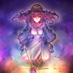 Rule 34 | 1girl, breasts, closed mouth, curly hair, dragon quest, dragon quest ii, dress, earrings, full body, highres, hood, jewelry, long hair, looking at viewer, princess, princess of moonbrook, purple hair, red eyes, robe, smile, solo, staff, tamago tomato, weapon