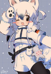 Rule 34 | 1boy, :3, androgynous, animal ears, animal hands, arm up, black pantyhose, blush stickers, brown eyes, chest harness, colored tips, cropped jacket, dog boy, dog ears, dog tail, fur-trimmed sleeves, fur collar, fur trim, german flag, gloves, grey background, grey hair, grid background, hair between eyes, harness, high collar, highres, jacket, lapithai, long sleeves, looking at viewer, male focus, multicolored hair, one eye closed, open mouth, original, pantyhose, paw gloves, short sleeves, side ahoge, sidelocks, snowing, solo, standing, standing on one leg, tail, white footwear, white gloves, white hair, white jacket
