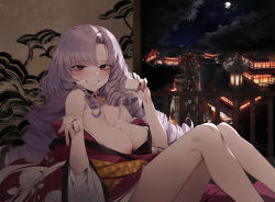 Rule 34 | 1girl, architecture, bare legs, blush, breasts, cityscape, cup, drill hair, east asian architecture, floral print, from side, full moon, grin, hands up, highres, holding, holding cup, hyakumantenbara salome, indoors, japanese clothes, kimono, knees up, korogoro (mago0057), large breasts, long hair, looking at viewer, looking to the side, moon, night, nijisanji, nipples, off shoulder, pouring, pouring onto self, print kimono, purple eyes, purple hair, red kimono, sitting, smile, solo focus, very long hair, virtual youtuber, wet