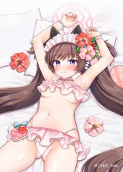 Rule 34 | 1girl, animal ears, armpits, arms up, bikini, blue archive, blush, bracelet, breasts, brown hair, closed mouth, flower, frilled bikini, frills, hair flower, hair ornament, halo, hibiscus, highres, jewelry, long hair, looking at viewer, lying, maid headdress, on back, pink flower, purple eyes, red flower, saburou 03, shizuko (blue archive), shizuko (swimsuit) (blue archive), small breasts, solo, sweat, swimsuit, twintails, two side up, underboob, very long hair