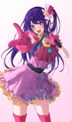Rule 34 | 1girl, :d, dress, feint721, foreshortening, gloves, hair between eyes, hair ornament, highres, hoshino ai (oshi no ko), long hair, looking at viewer, open mouth, oshi no ko, pink dress, pink gloves, pointing, pointing at viewer, purple eyes, purple hair, rabbit hair ornament, ribbon, side ponytail, smile, solo, star-shaped pupils, star (symbol), star in eye, symbol-shaped pupils, symbol in eye, white background