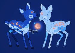 Rule 34 | artist name, bad id, bad twitter id, blue background, cloud print, deer, fawn, full moon, glowing, heart, hooves, meyoco, moon, no humans, original, simple background, sparkle, wave print
