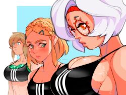 Rule 34 | 1boy, 2girls, anarts, artist name, black bra, blonde hair, blush, bra, braid, breast envy, breast padding, breasts, bursting breasts, commentary, crown braid, english commentary, expressionless, food, fruit, girl staring at guy&#039;s chest (meme), glasses, green eyes, hair ornament, hairband, hairclip, highres, large breasts, link, lips, looking at another, looking down, medium support (meme), meme, multiple girls, nintendo, princess zelda, puckered lips, purah, red-framed eyewear, round eyewear, sidelocks, small breasts, sweat, the legend of zelda, the legend of zelda: tears of the kingdom, underwear, upper body, watermelon, white background, white hair