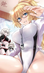 Rule 34 | 3girls, alternate hairstyle, bespectacled, bikini, black bikini, blue eyes, blue jacket, blush, bow, breasts, cleavage, competition swimsuit, covered erect nipples, covered navel, cropped jacket, dated, embarrassed, fate/grand order, fate (series), glasses, hair bow, hairband, high ponytail, highleg, highleg swimsuit, highres, hood, hooded jacket, impossible clothes, indoors, jacket, jeanne d&#039;arc alter (swimsuit berserker) (fate), jeanne d&#039;arc (fate), jeanne d&#039;arc (ruler) (fate), jeanne d&#039;arc (swimsuit archer) (fate), jeanne d&#039;arc (swimsuit archer) (second ascension) (fate), jeanne d&#039;arc alter (fate), jeanne d&#039;arc alter (swimsuit berserker) (fate), jeanne d&#039;arc alter santa lily (fate), large breasts, long hair, looking at viewer, multiple girls, navel, one-piece swimsuit, open mouth, pale skin, parted lips, pointing, ponytail, rohgun, signature, silver hair, stomach, swimsuit, very long hair, wavy mouth, whistle, white one-piece swimsuit