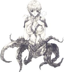 Rule 34 | 1girl, animal, breasts, female focus, full body, ico, monochrome, monster, octopus, shadow, simple background, solo, teeth, white background, yorda