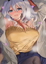 Rule 34 | 1girl, :d, artist name, black pantyhose, blue eyes, blush, breasts, collarbone, hair between eyes, heart, highres, jacket, kantai collection, kashima (kancolle), large breasts, long hair, long sleeves, mizuta kenji, one-hour drawing challenge, open clothes, open jacket, open mouth, pantyhose, signature, silver hair, smile, solo, twintails, twitter username, white jacket