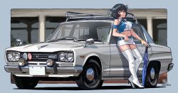Rule 34 | 1girl, absurdres, bare shoulders, belt, black hair, blue bow, blue bowtie, boots, borrowed character, bow, bowtie, bracelet, breasts, car, check copyright, closed mouth, copyright request, full body, high heels, highres, jewelry, large breasts, leaning on object, looking at viewer, midriff, miniskirt, motor vehicle, navel, nissan, nissan skyline, nissan skyline c10, original, plant, race queen, red eyes, short hair, signature, skirt, sleeve, solo, thigh boots, thighhighs, toriny, umbrella, vehicle focus, white skirt, white thighhighs