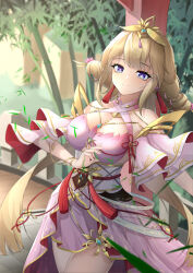 Rule 34 | 1girl, absurdres, bare shoulders, blonde hair, blue eyes, breasts, cleavage, cleavage cutout, closed mouth, clothing cutout, cowboy shot, dai mao xuan yi, detached sleeves, dress, feise (tower of fantasy), gold trim, headpiece, highres, large breasts, long hair, looking at viewer, obi, pink dress, sash, smile, solo, star-shaped pupils, star (symbol), symbol-shaped pupils, tower of fantasy, underboob, underboob cutout, very long hair