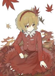 Rule 34 | 1girl, aki shizuha, autumn leaves, blonde hair, buttons, closed mouth, collared shirt, hair between eyes, hair ornament, hairband, highres, leaf, leaf hair ornament, long sleeves, maple leaf, red eyes, red hairband, red skirt, red vest, shirt, shiye hong, short hair, simple background, skirt, solo, touhou, vest, white background